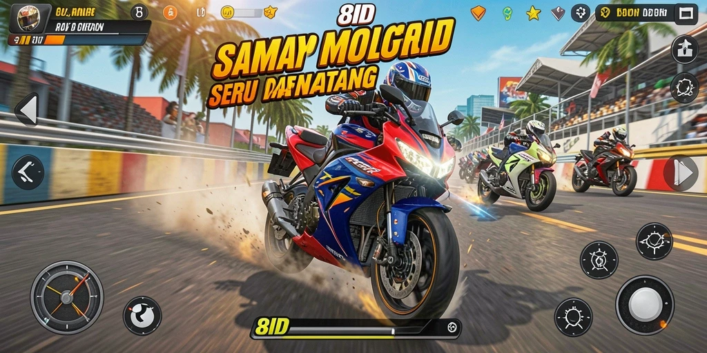 Screenshot gameplay 8ID yang menampilkan balapan motor seru.
