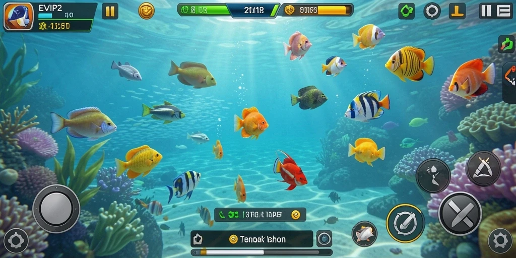 Screenshot gameplay EVIP2 menampilkan aksi menembak ikan yang seru.