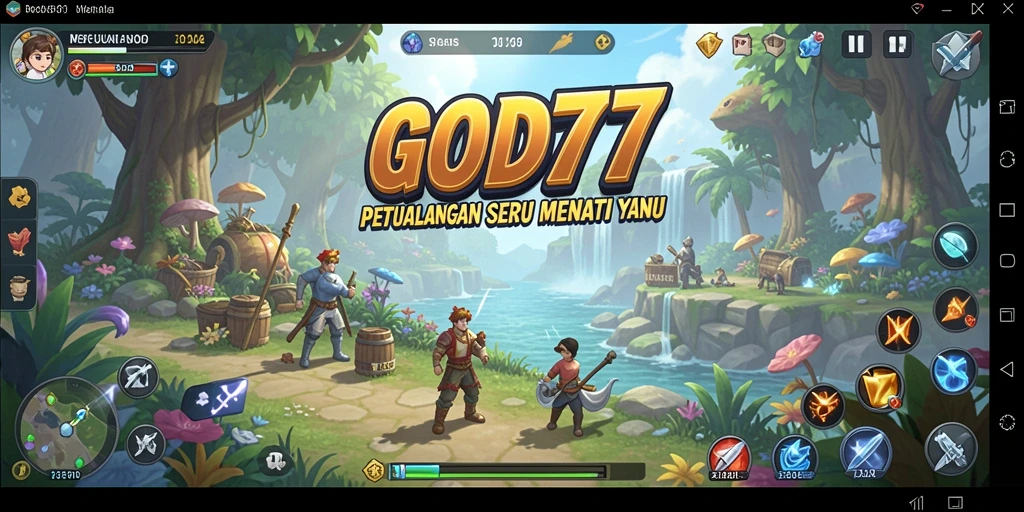 Tangkapan layar gameplay GOD77 menunjukkan karakter menjelajahi hutan yang lebat.