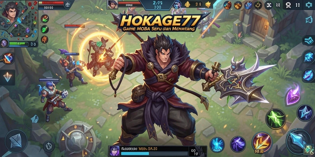 Tangkapan layar dari gameplay seru HOKAGE77 dalam pertempuran MOBA.