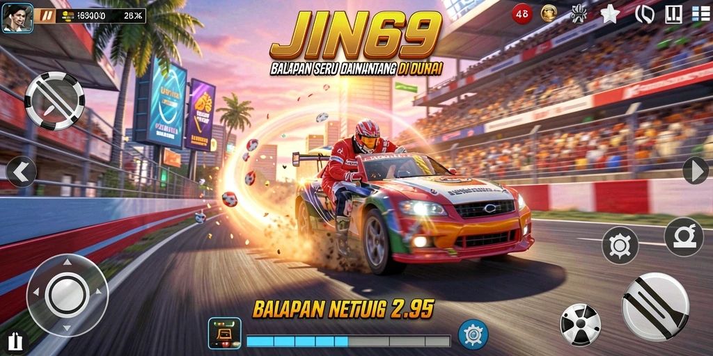 Screenshot gameplay JIN69 yang menampilkan balapan seru di trek yang mendebarkan.