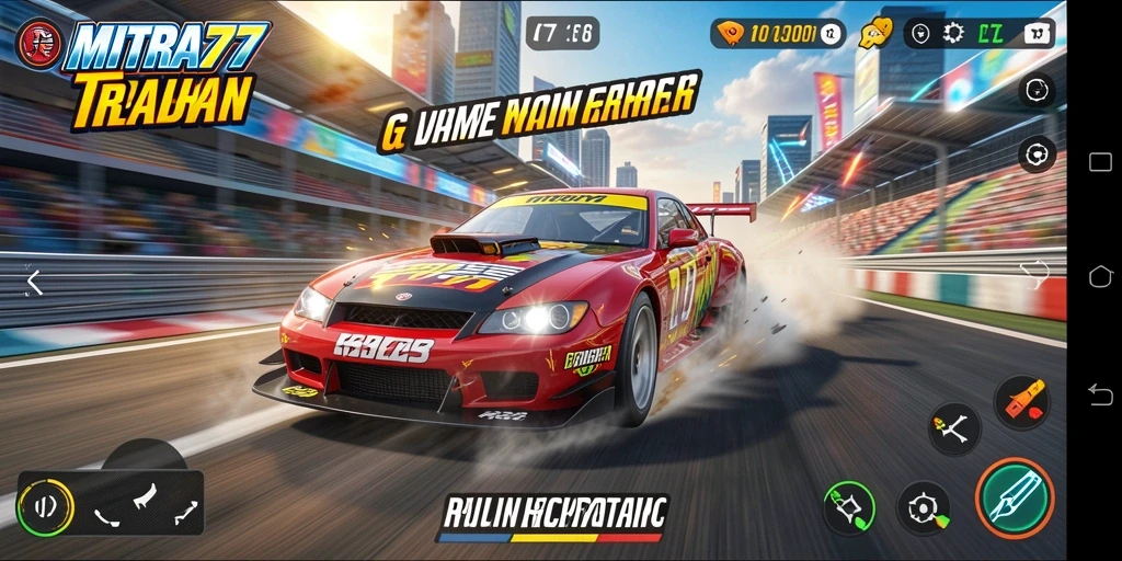 Screenshot utama MITRA77 dengan aksi balapan menegangkan.