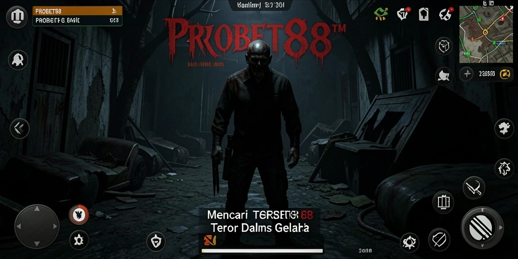 Screen utama PROBET88 menampilkan aksi ketegangan dalam suasana yang menyeramkan.
