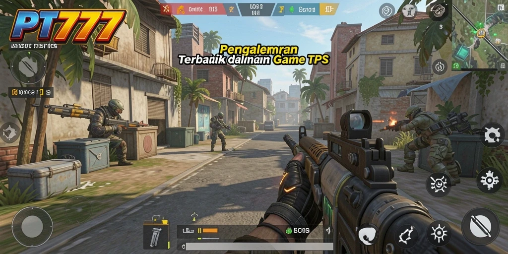 Screenshot PT777 menampilkan aksi tembak-menembak yang intens dan lingkungan yang realistis.