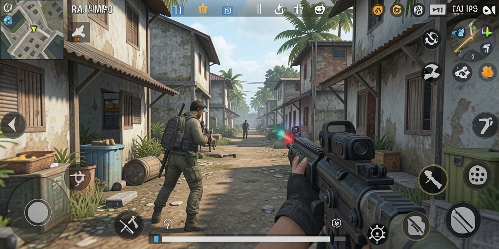 Tampilan gameplay mendebarkan di RAJAMPO untuk aksi TPS.