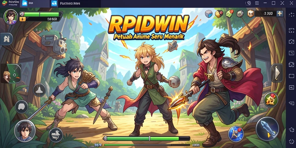 Screenshot utama RPIDWIN menampilkan pertarungan karakter anime yang dinamis.