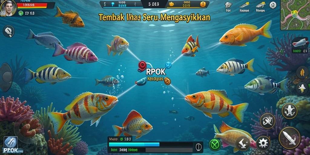 Screenshot utama RPOK menampilkan aksi seru menembak ikan.