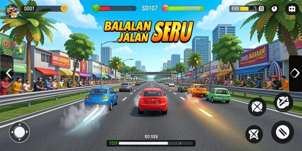 Tangkapan layar utama SD107 menampilkan aksi balapan mendebarkan di jalan raya.