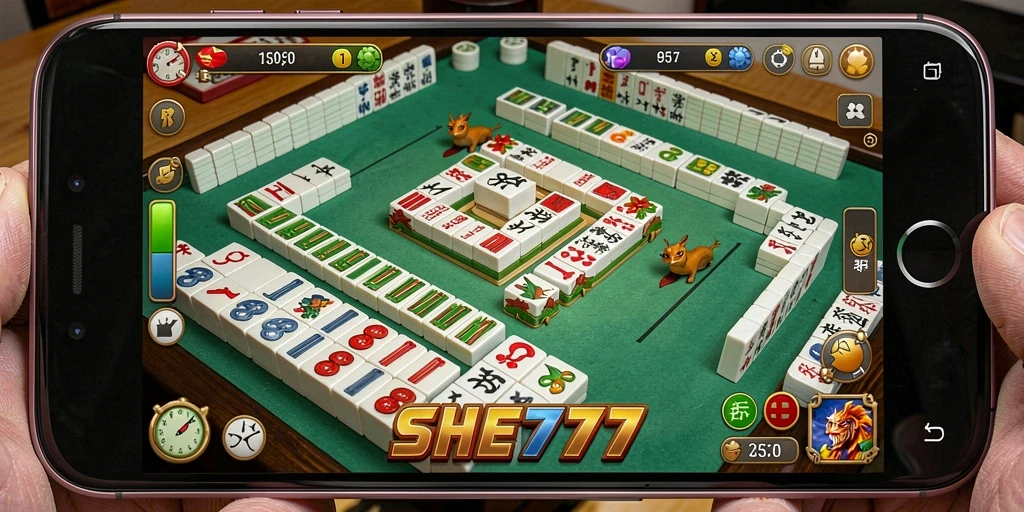 Screenshot gameplay SHE777 menampilkan level Mahjong yang menarik.