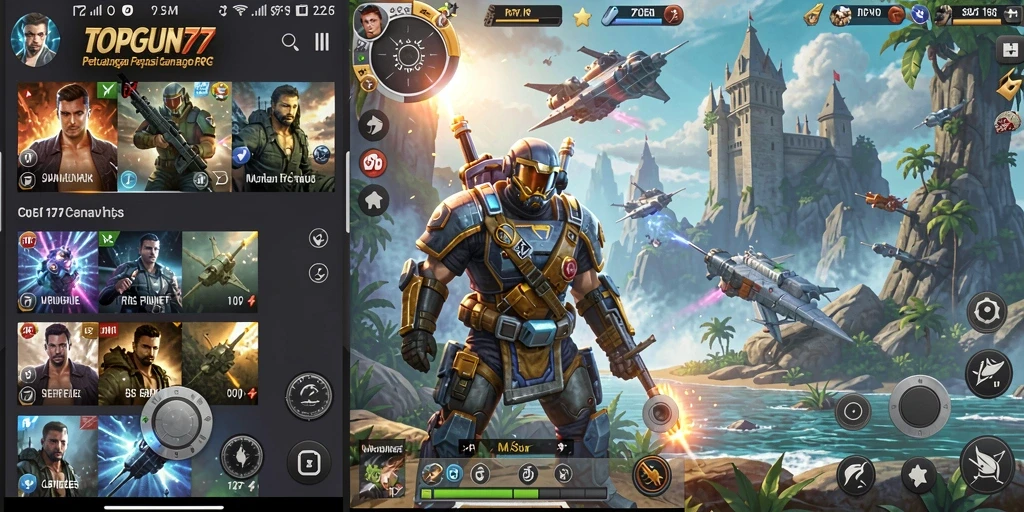 Tangkapan layar utama TOPGUN77 menampilkan pertarungan seru dalam game RPG.